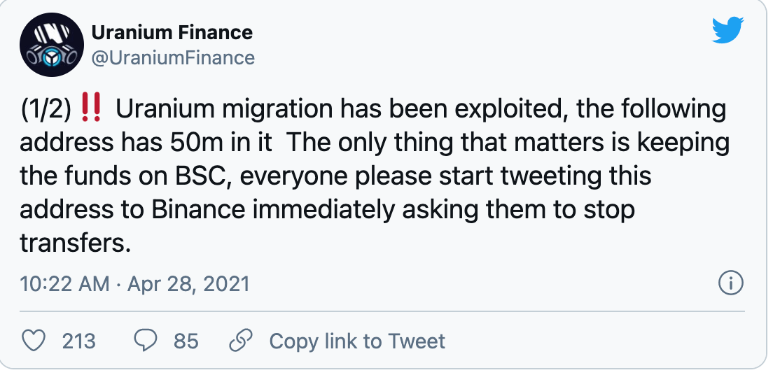 Uranium thông báo trên Twitter ngày 28/4