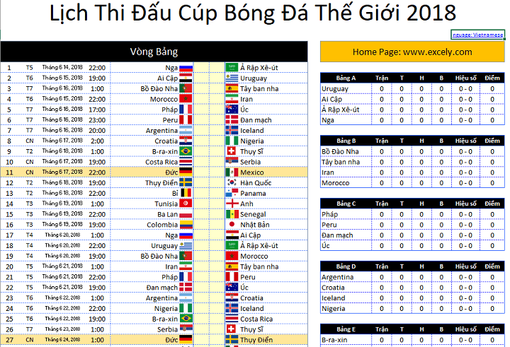 Share bộ lịch thi đấu World Cup 2018 mới nhất theo giờ Việt Nam