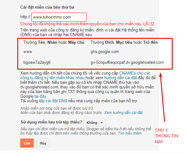 cài đặt tên miền riêng tới blogspot