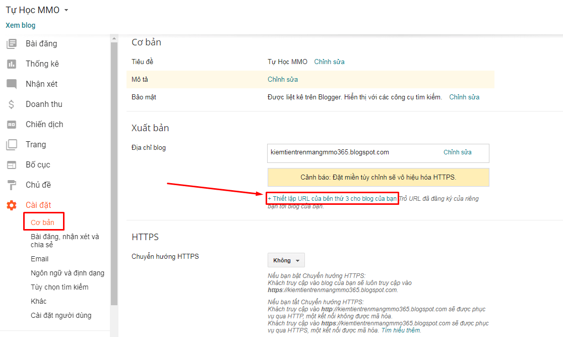 cài đặt tên miền riêng tới blogspot