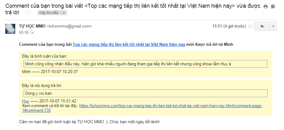 gửi email thông báo khi có reply trong wordpress