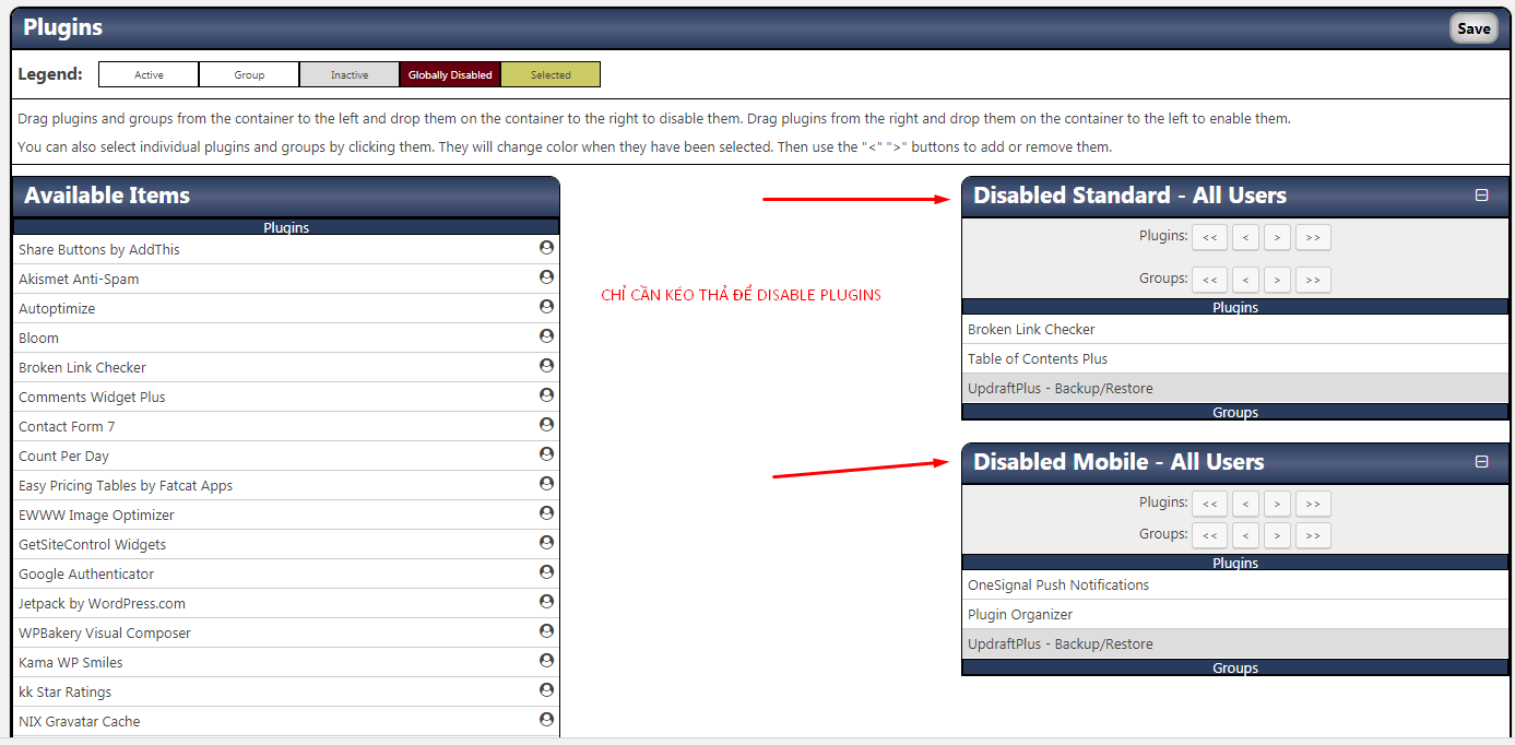 tắt plugin không sử dụng với plugin organizer